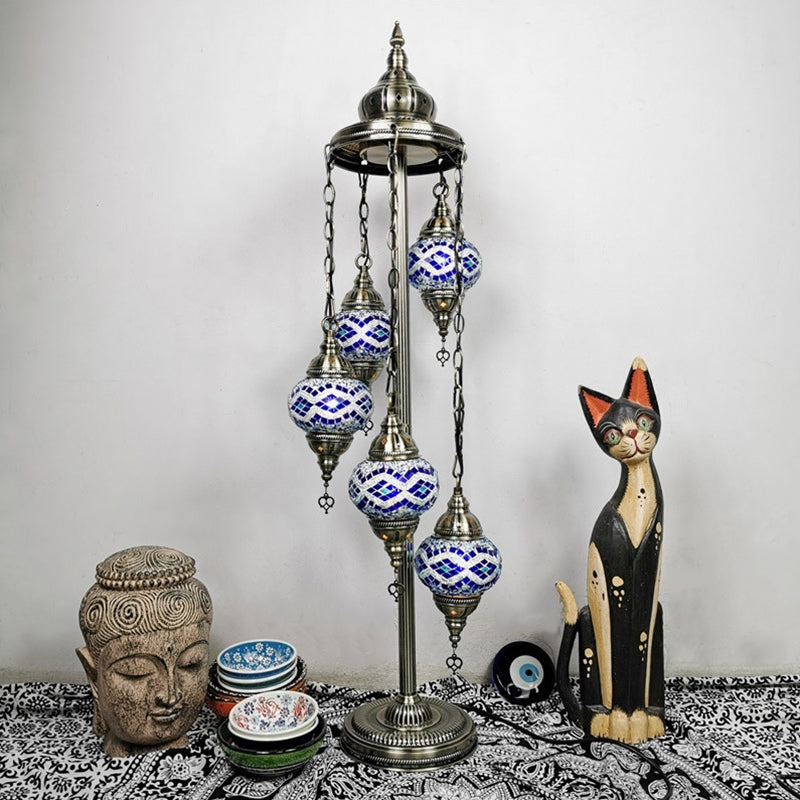 Stained Art Glass Floor Lamp - Traditional Beige/Red/Yellow - Elliptical Design - 5 Heads - Bedroom Standing Light