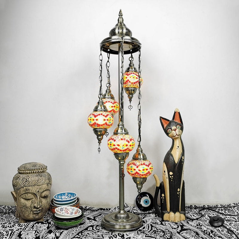 Stained Art Glass Floor Lamp - Traditional Beige/Red/Yellow - Elliptical Design - 5 Heads - Bedroom Standing Light