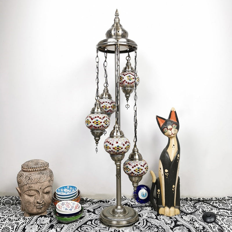 Stained Art Glass Floor Lamp - Traditional Beige/Red/Yellow - Elliptical Design - 5 Heads - Bedroom Standing Light