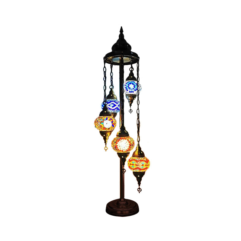 Stained Art Glass Floor Lamp - Traditional Beige/Red/Yellow - Elliptical Design - 5 Heads - Bedroom Standing Light