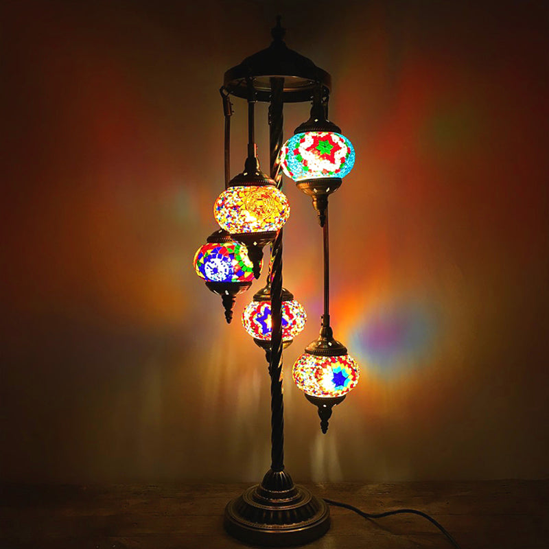 Stained Art Glass Floor Lamp - Traditional Beige/Red/Yellow - Elliptical Design - 5 Heads - Bedroom Standing Light