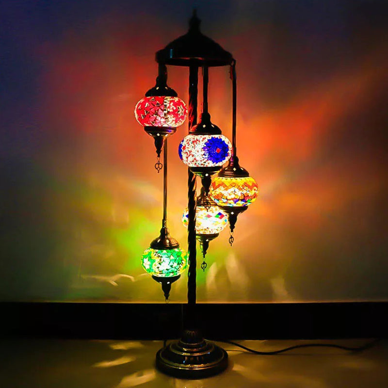 Stained Art Glass Floor Lamp - Traditional Beige/Red/Yellow - Elliptical Design - 5 Heads - Bedroom Standing Light