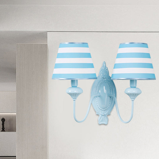 Blue Kids Wall Lamp with Tapered Shade for Study Room - 2 Heads, Fabric & Metal Design