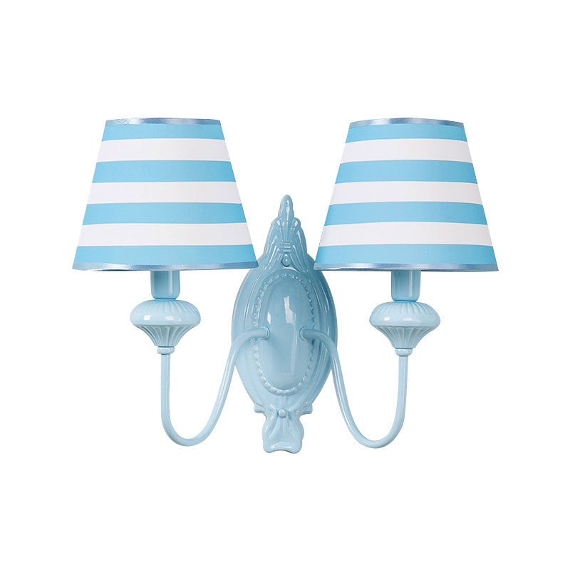 Blue Kids Wall Lamp with Tapered Shade for Study Room - 2 Heads, Fabric & Metal Design