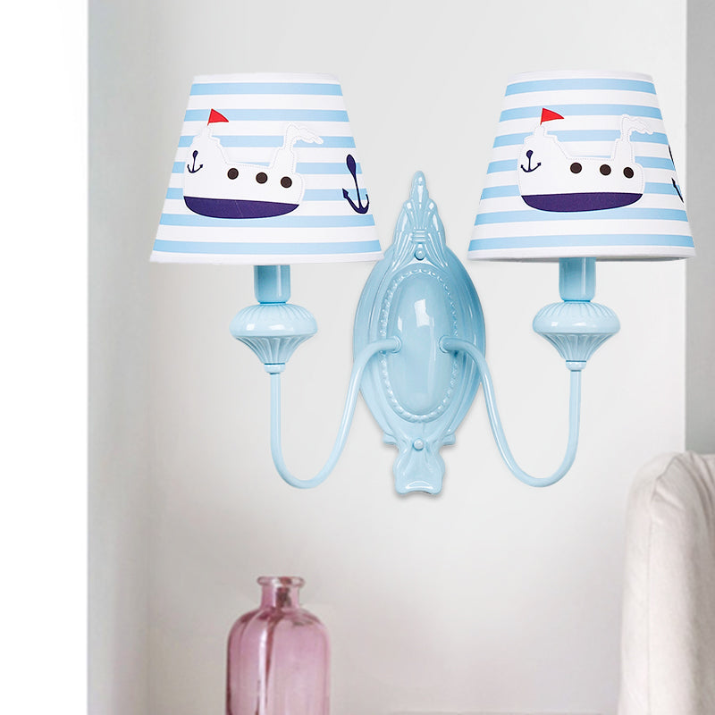 Blue Kids Wall Lamp with Tapered Shade for Study Room - 2 Heads, Fabric & Metal Design