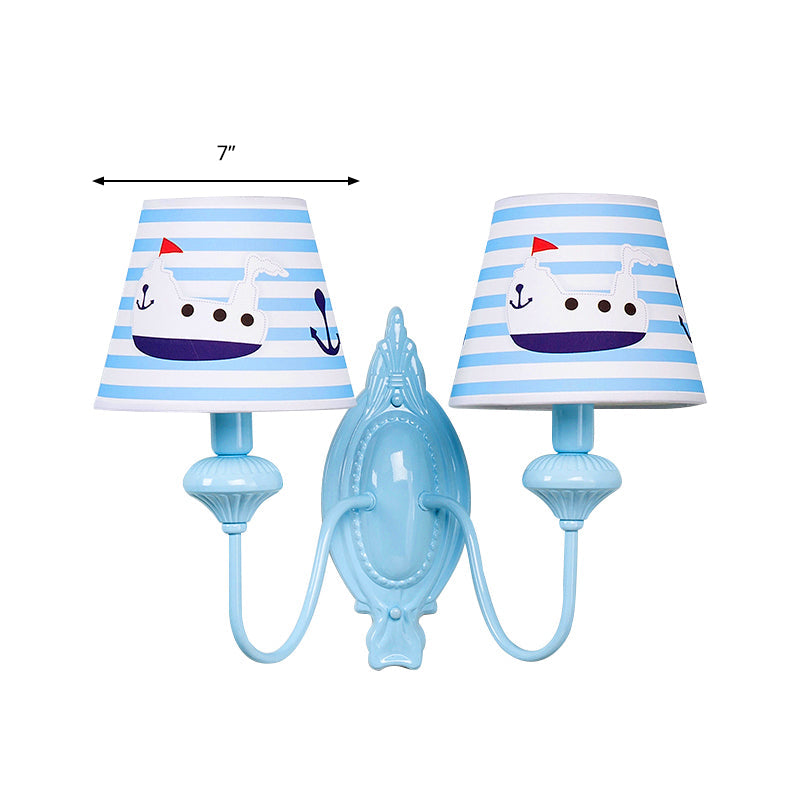 Blue Kids Wall Lamp with Tapered Shade for Study Room - 2 Heads, Fabric & Metal Design