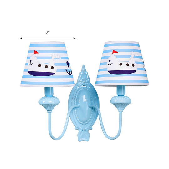 Blue Kids Wall Lamp with Tapered Shade for Study Room - 2 Heads, Fabric & Metal Design