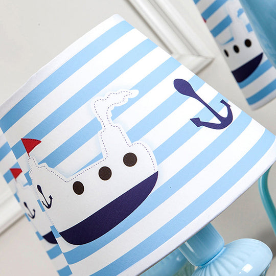 Blue Kids Wall Lamp with Tapered Shade for Study Room - 2 Heads, Fabric & Metal Design