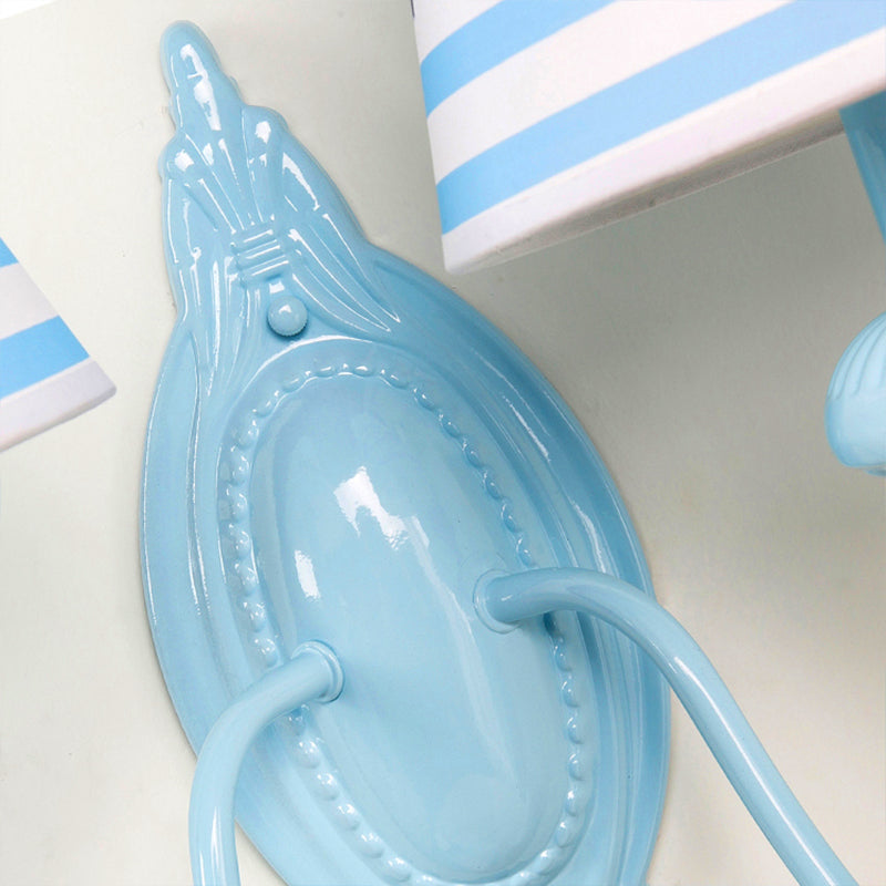 Blue Kids Wall Lamp with Tapered Shade for Study Room - 2 Heads, Fabric & Metal Design