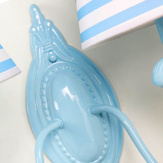 Blue Kids Wall Lamp with Tapered Shade for Study Room - 2 Heads, Fabric & Metal Design