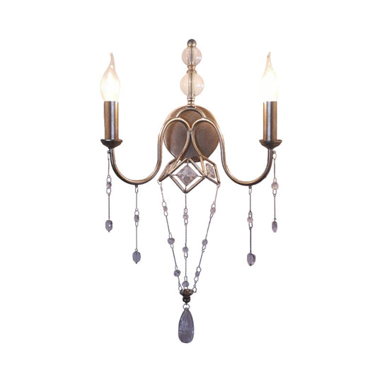 Silver Rustic Metal Candle Wall Sconce with Crystal Bracelet Décor - 2 Head Living Room Lighting