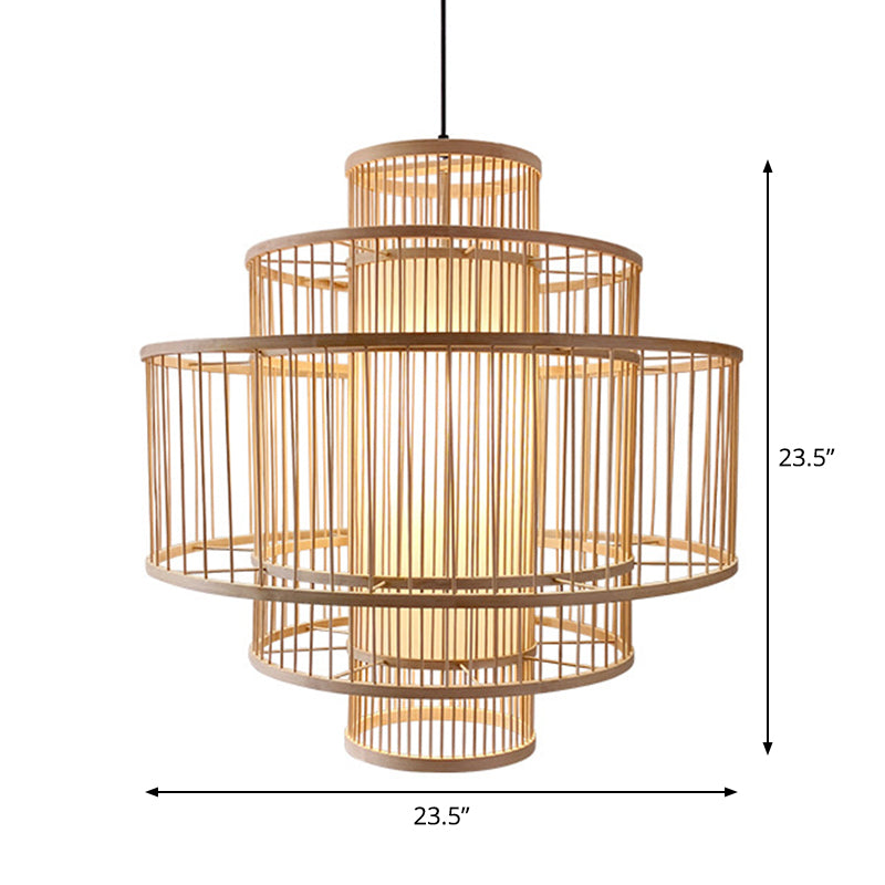Single-Head Asian Bamboo Hanging Light for Restaurants - 3 Shades, 16-31.5 Inches Wide, Beige