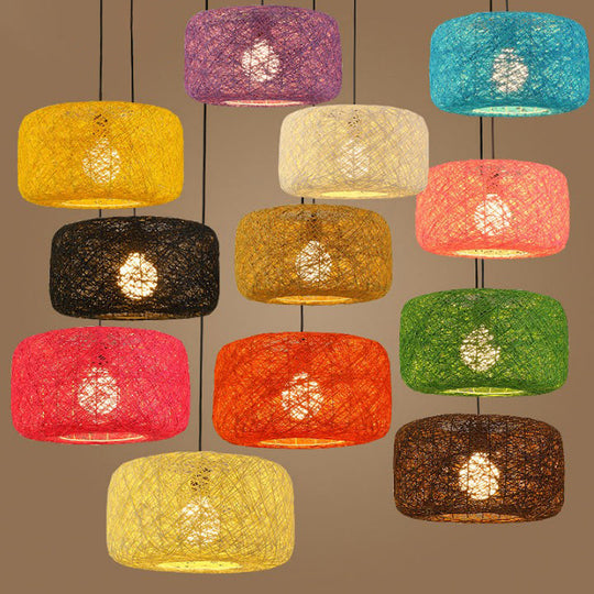 Rattan Weave Macaron Pendant Light: Red/Pink/Orange Drum Drop, 1-Light Suspension for Bistro