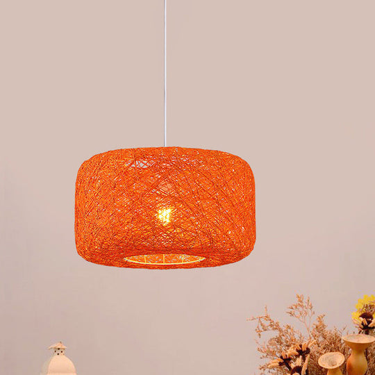 Rattan Weave Macaron Pendant Light: Red/Pink/Orange Drum Drop, 1-Light Suspension for Bistro