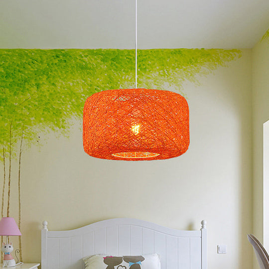 Rattan Weave Macaron Pendant Light: Red/Pink/Orange Drum Drop, 1-Light Suspension for Bistro