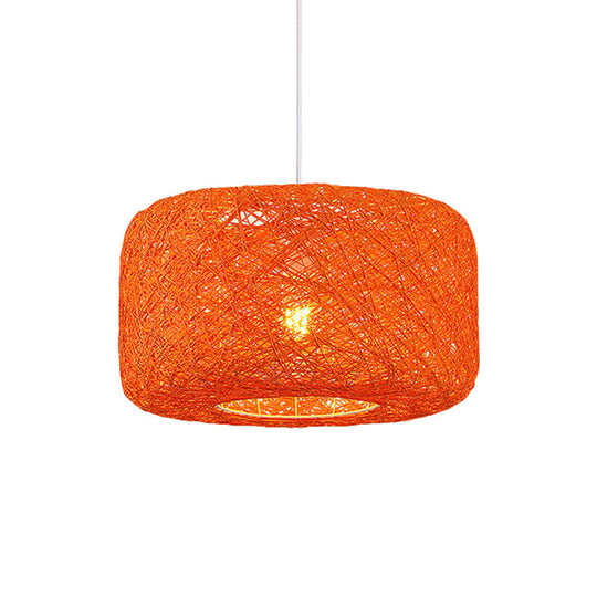 Rattan Weave Macaron Pendant Light: Red/Pink/Orange Drum Drop, 1-Light Suspension for Bistro