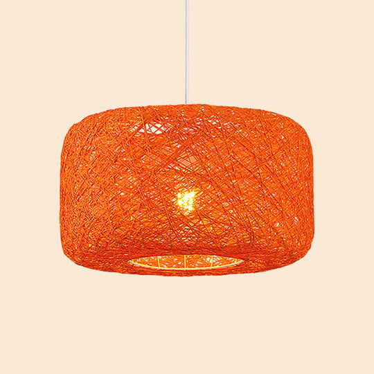 Rattan Weave Macaron Pendant Light: Red/Pink/Orange Drum Drop, 1-Light Suspension for Bistro