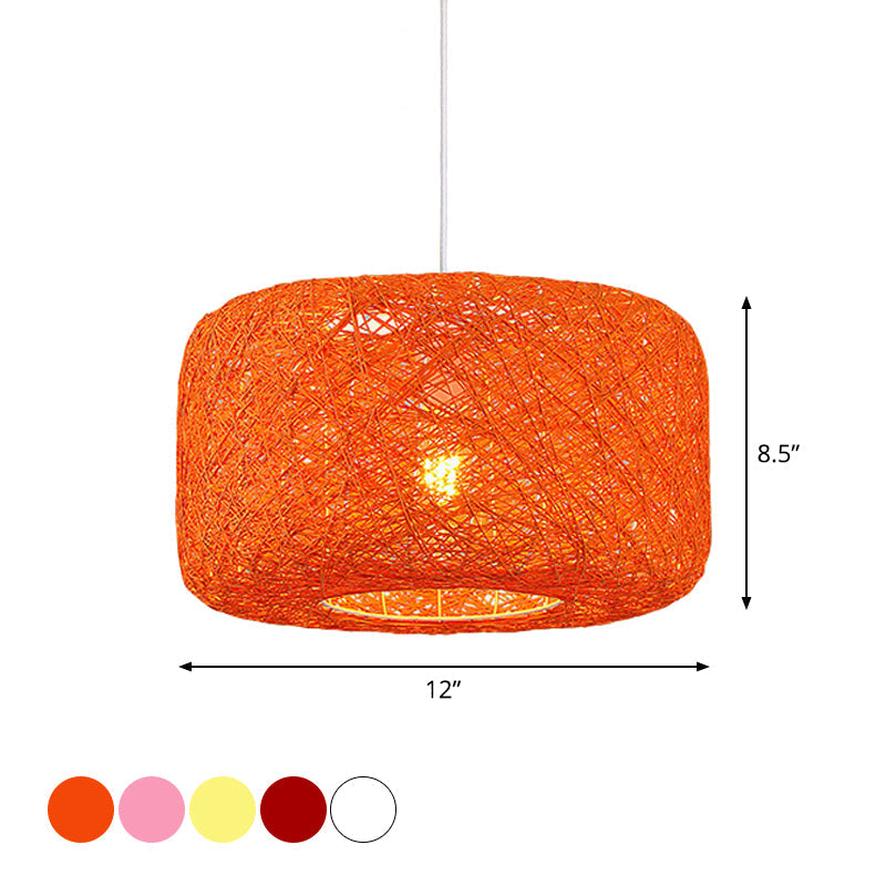 Rattan Weave Macaron Pendant Light: Red/Pink/Orange Drum Drop, 1-Light Suspension for Bistro