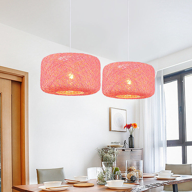 Rattan Weave Macaron Pendant Light: Red/Pink/Orange Drum Drop, 1-Light Suspension for Bistro