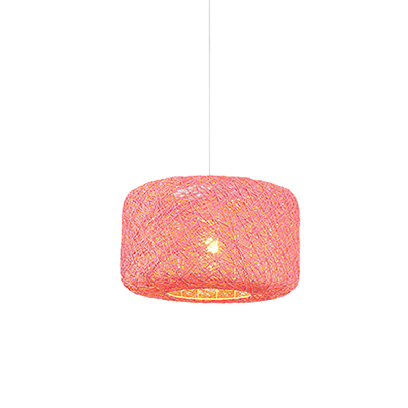 Rattan Weave Macaron Pendant Light: Red/Pink/Orange Drum Drop, 1-Light Suspension for Bistro