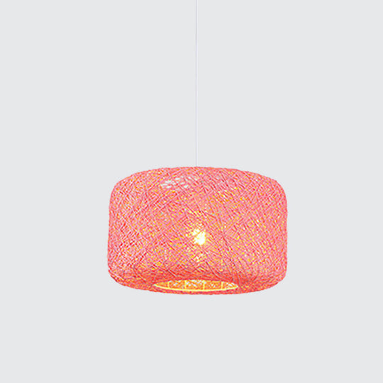 Rattan Weave Macaron Pendant Light: Red/Pink/Orange Drum Drop, 1-Light Suspension for Bistro