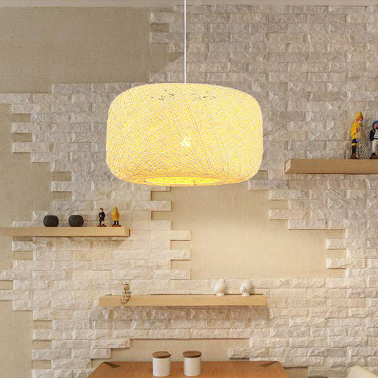 Rattan Weave Macaron Pendant Light: Red/Pink/Orange Drum Drop, 1-Light Suspension for Bistro