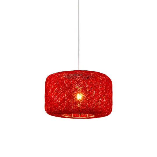 Rattan Weave Macaron Pendant Light: Red/Pink/Orange Drum Drop, 1-Light Suspension for Bistro