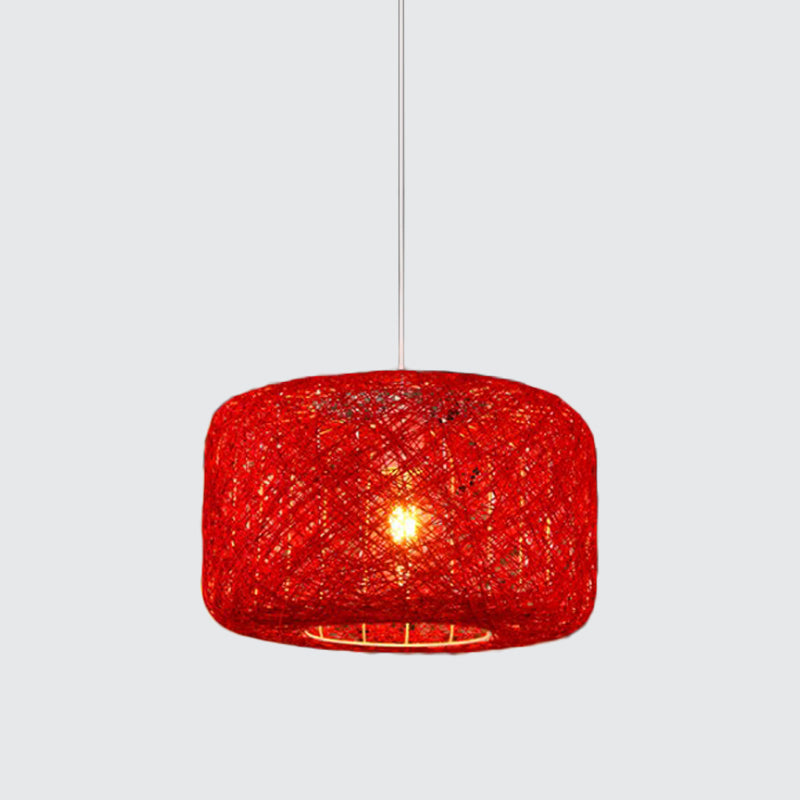 Rattan Weave Macaron Pendant Light: Red/Pink/Orange Drum Drop, 1-Light Suspension for Bistro