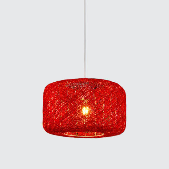 Rattan Weave Macaron Pendant Light: Red/Pink/Orange Drum Drop, 1-Light Suspension for Bistro