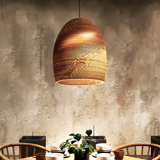 Rustic Brown Corrugated Paper Pendant Light for Dining Room - Globe/Oval/Vase Design