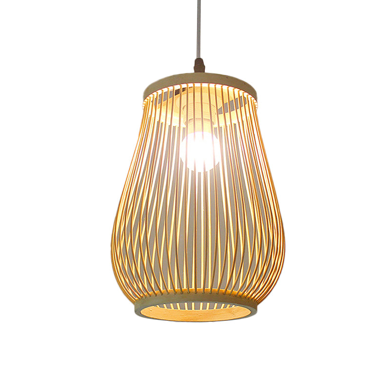 Asian Bamboo Tearoom Pendant Light - Funnel Shape, Urn Design, Single-Bulb, Beige