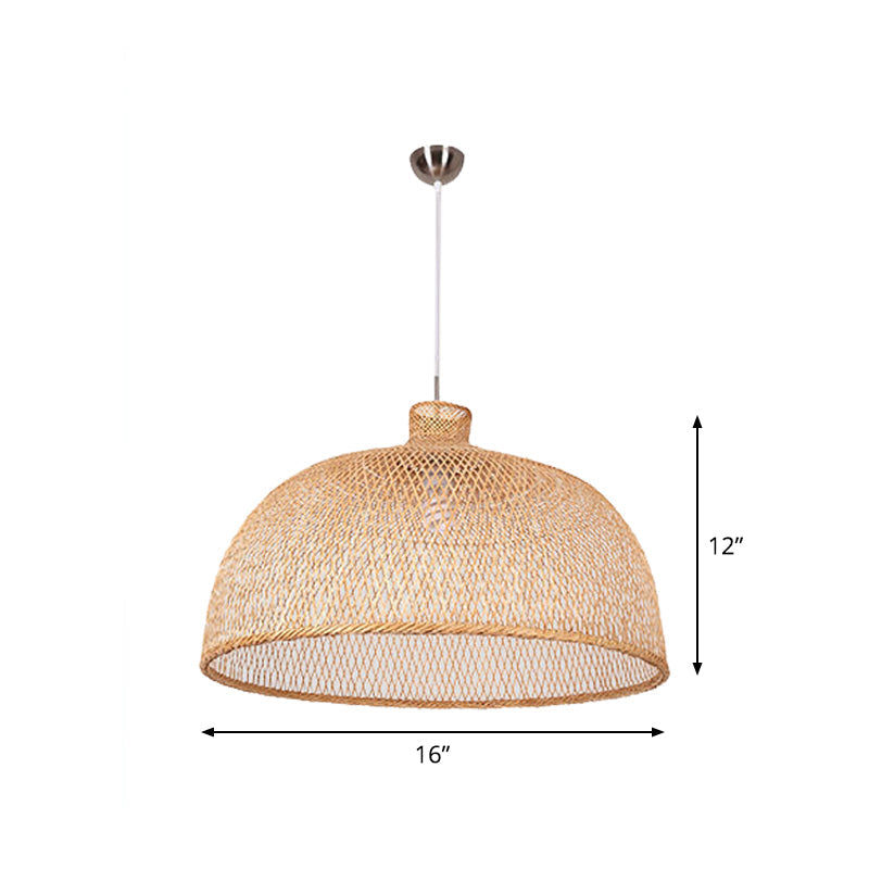 1-Head Asian Beige Bamboo Pendant Light with Bowl/Jar/Cloche Shade - Bistro Pendulum Design