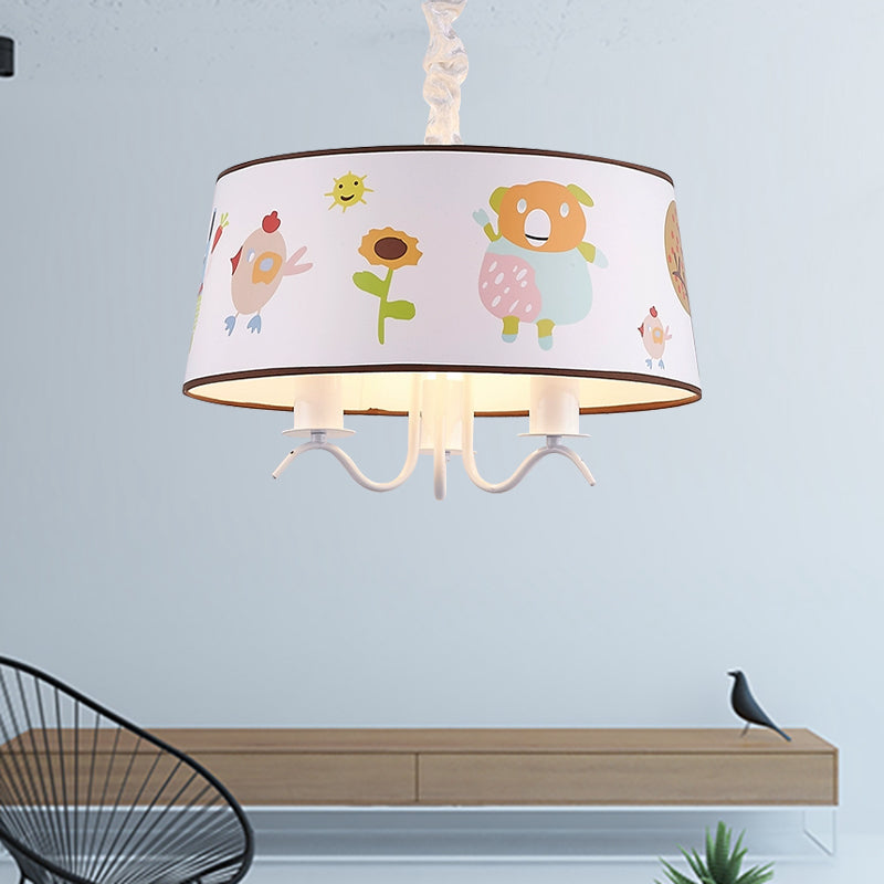 Kid-Friendly White Fabric Drum Chandelier with Cute Animal Pendant Light