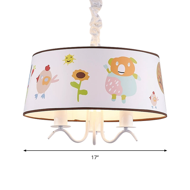 Kid-Friendly White Fabric Drum Chandelier with Cute Animal Pendant Light