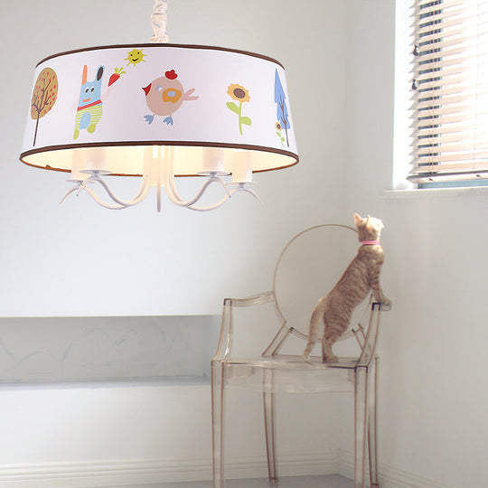 Kid-Friendly White Fabric Drum Chandelier with Cute Animal Pendant Light