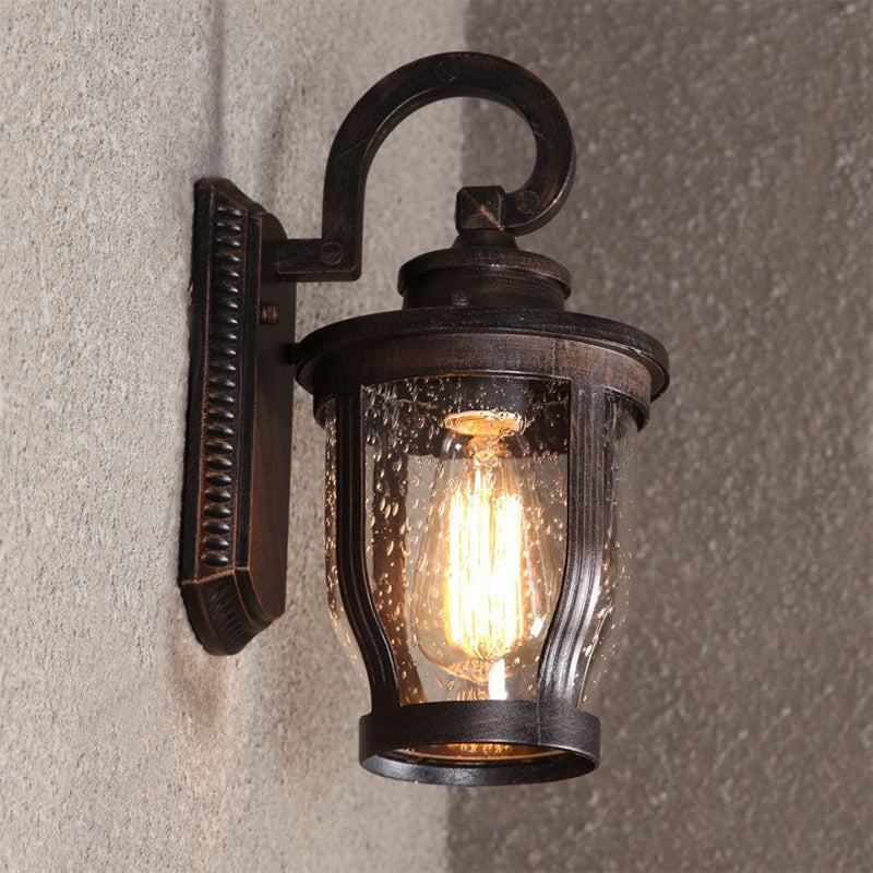 Industrial Outdoor Gooseneck Wall Light - 1 Light Black Sconce with Bubble Glass and Curved Arm