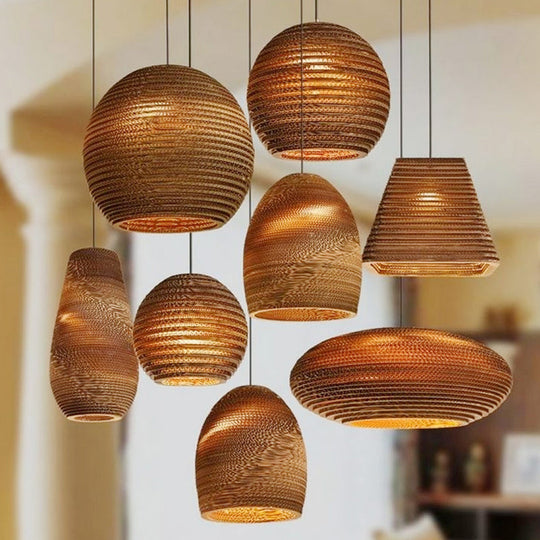 Rustic Brown Bistro Pendant Lighting with Geometric/Cylinder/Bellied Corrugated Paper Shade