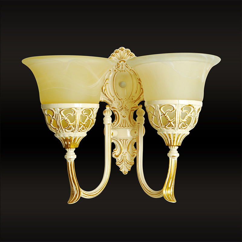 Beige Glass Wall Mounted Retro Light: 2-Head Living Room Sconce Lamp with Curved Arm