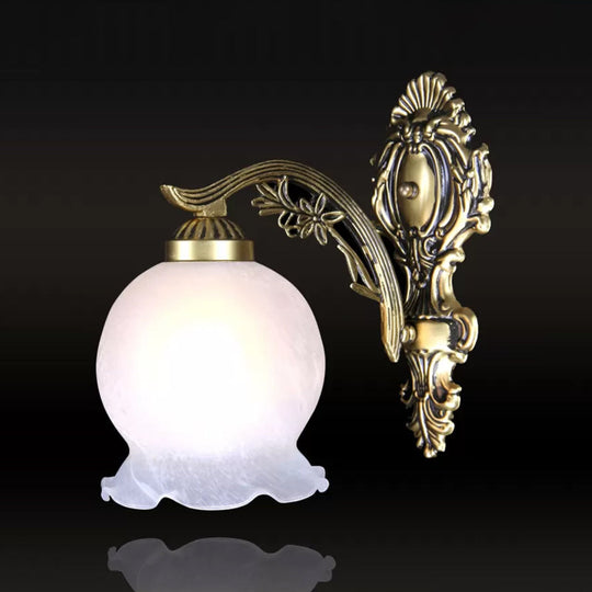 Frosted White Glass Sconce Light: Antique 1 Bulb Bedroom Wall Lamp with Ruffled Trim in Bronze