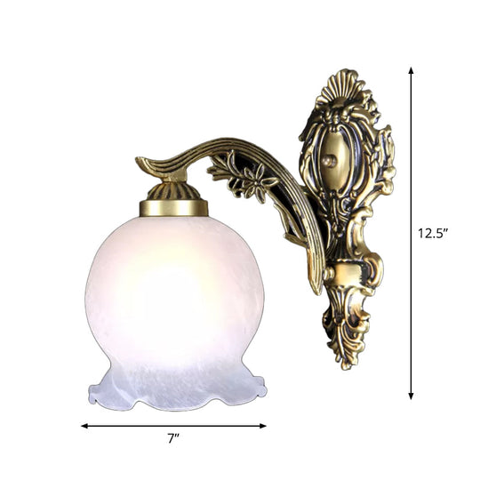 Frosted White Glass Sconce Light: Antique 1 Bulb Bedroom Wall Lamp with Ruffled Trim in Bronze