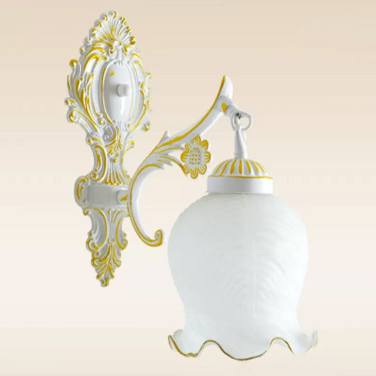 Ivory Glass Wall Mounted Lamp with Ruffled Trim - Rustic 1-Light Sconce for Dining Room in White/Bronze