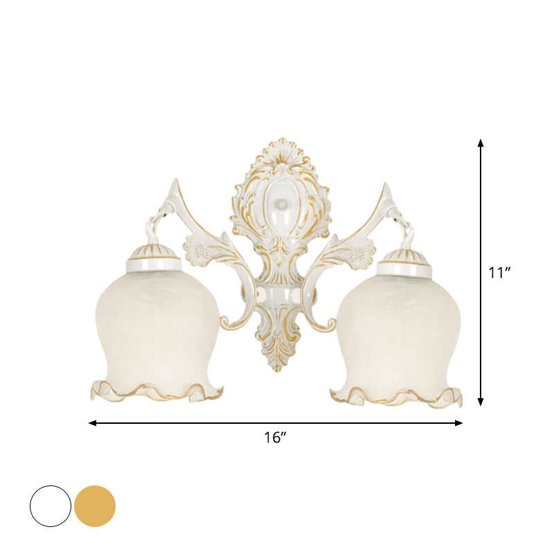 Traditional 2-Headed Ruffle Wall Sconce Light with Bronze Finish and Frosted Glass - Ideal for Living Rooms