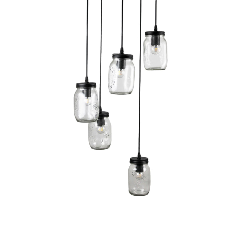 Modern Black 5-Light Cluster Pendant – Clear Glass Jar Shade Hanging Chandelier with Round Canopy