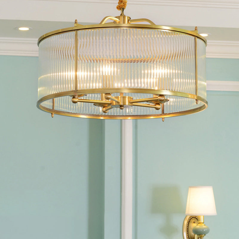Colonial Drum Ribbed Glass Chandelier - Polished Brass, Small/Medium/Large Sizes, Multiple Lights
