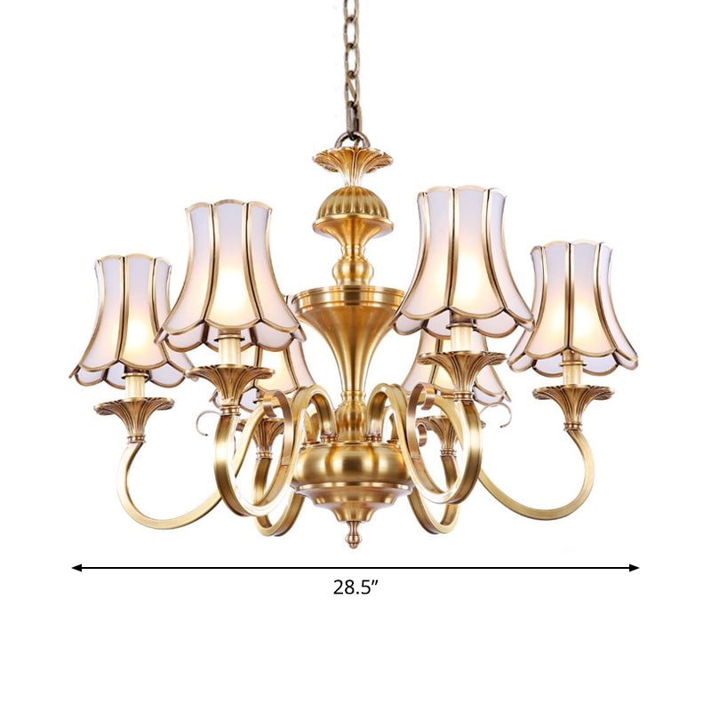 Traditional Bedroom Chandelier Light with Frosted Glass Shades - Polished Brass Finish - 3/5/6 Lights