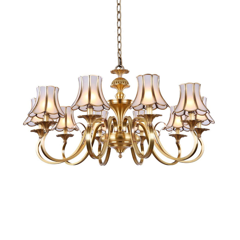 Traditional Bedroom Chandelier Light with Frosted Glass Shades - Polished Brass Finish - 3/5/6 Lights