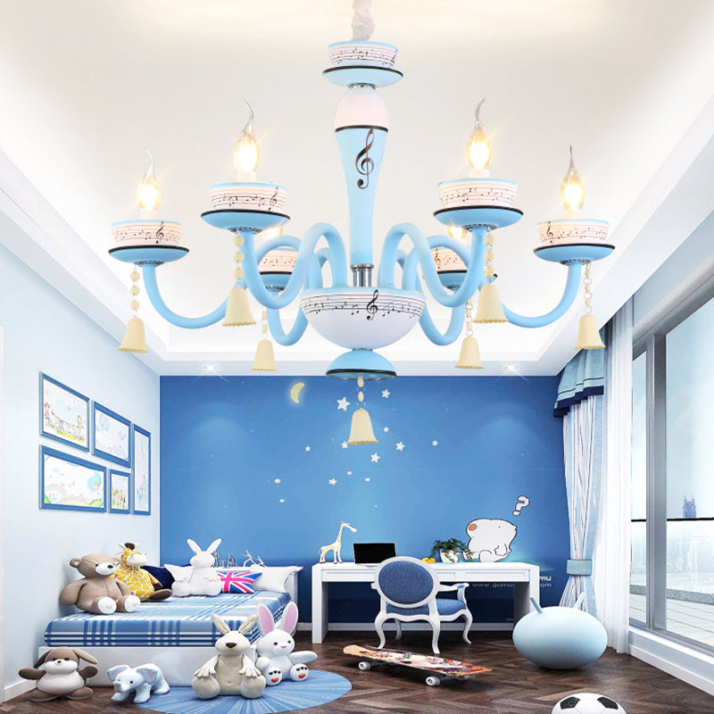 Child's Bedroom Candle Suspension Light: Musical Note Cartoon Glass Chandelier with Little Bell