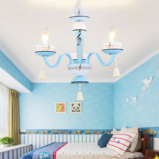 Child's Bedroom Candle Suspension Light: Musical Note Cartoon Glass Chandelier with Little Bell
