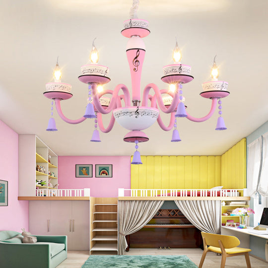 Child's Bedroom Candle Suspension Light: Musical Note Cartoon Glass Chandelier with Little Bell