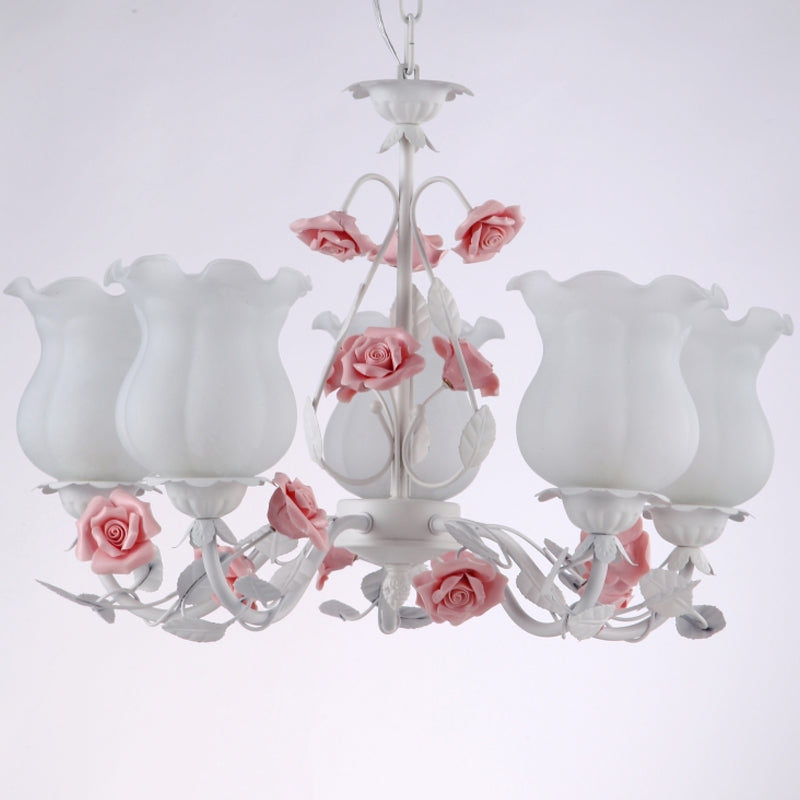 American Garden Flower Chandelier Light - 5-Light White Pendant Ceiling Fixture with Frosted Glass for Kids Room